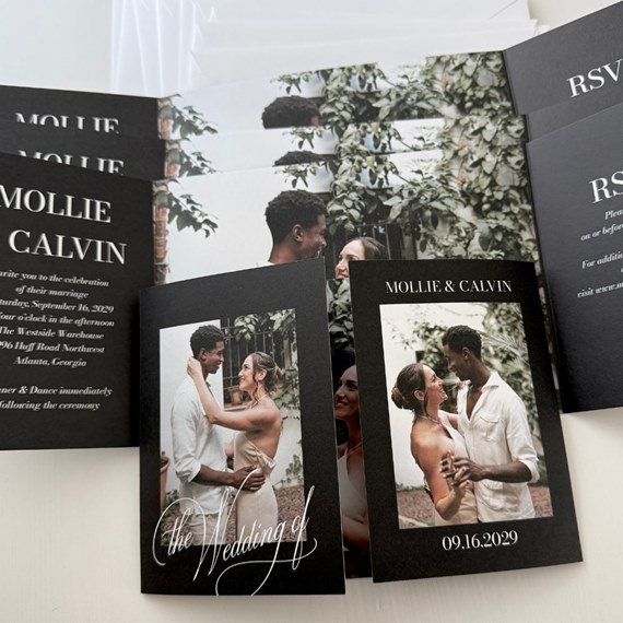 wedding invitations with photo placeholders and calligraphy
